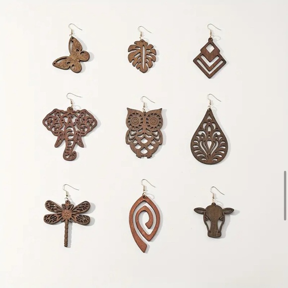 9 Pairs Light Weight Wood Boho Bohemian Earrings - Picture 4 of 6